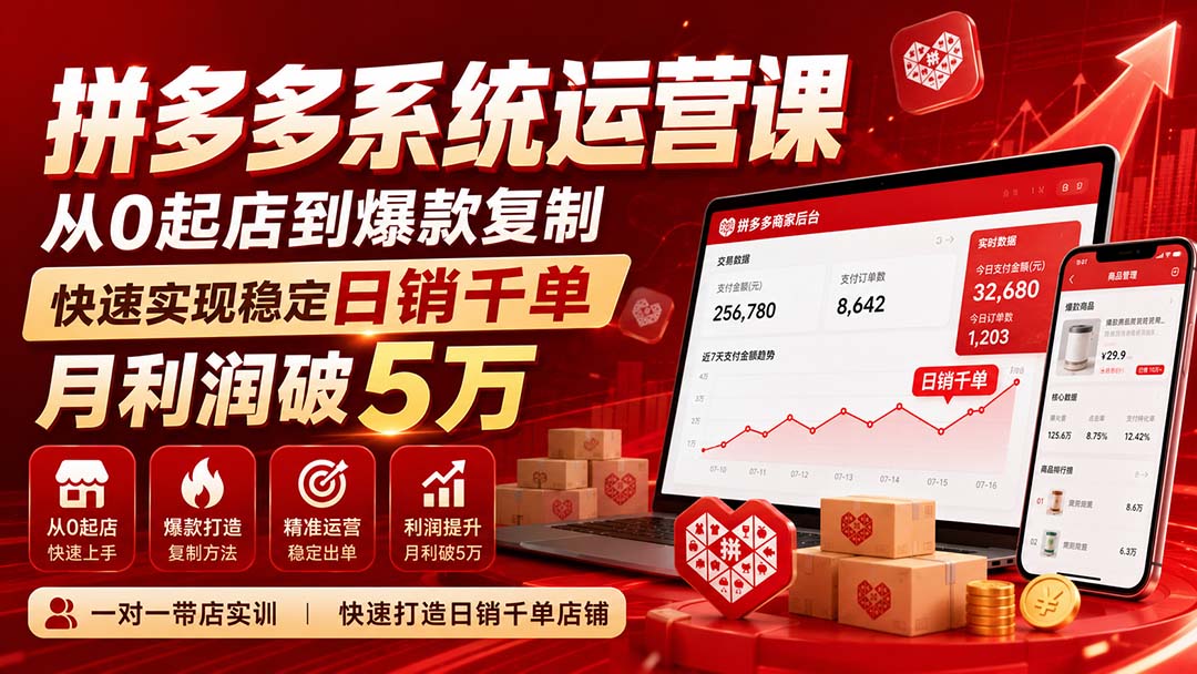 （20124期）拼多多系统运营课(更新8月)，从0起店到爆款复制，快速实现稳定日销千单，月利润破5万-知创网