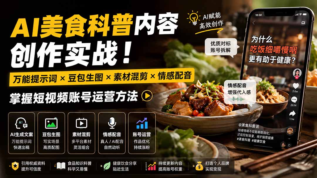 （19730期）外面卖199元-AI美食科普内容创作实战！万能提示词×豆包生图×素材混剪×情感配音，掌握短视频账号运营方法-知创网