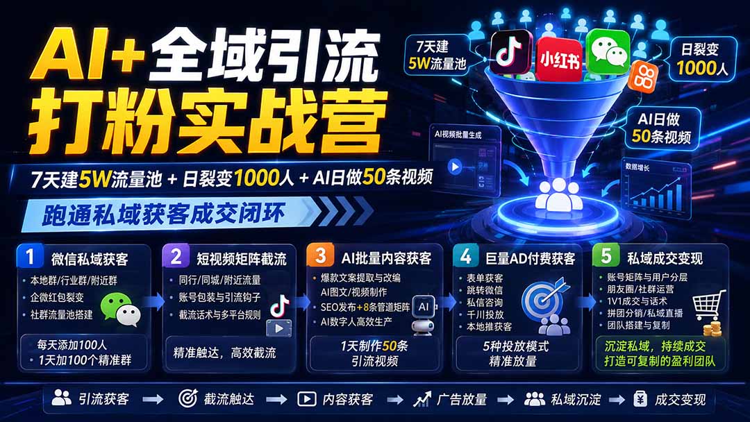 (19993期)AI+全域引流打粉实战营:7天建5W流量池+日裂变1000人+AI日做50条视频,跑通私域获客成交闭环-知创网