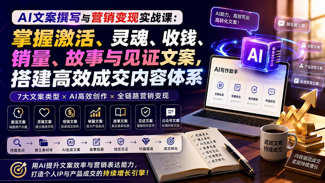 （20126期）AI文案撰写与营销变现实战课：掌握激活、灵魂、收钱、销量、故事与见证文案，搭建高效成交内容体系-知创网