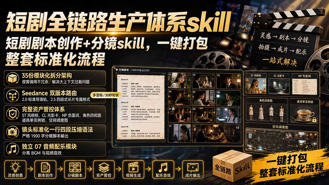 （19911期）短剧全链路生产体系skill，短剧剧本创作+分镜skill，一键打包，整套标准化流程-知创网