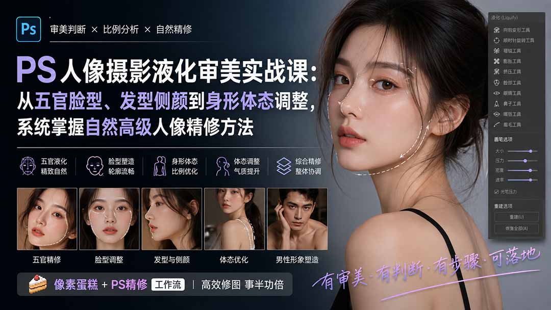 （20062期）PS人像摄影液化审美实战课：从五官脸型、发型侧颜到身形体态调整，系统掌握自然高级人像精修方法-知创网