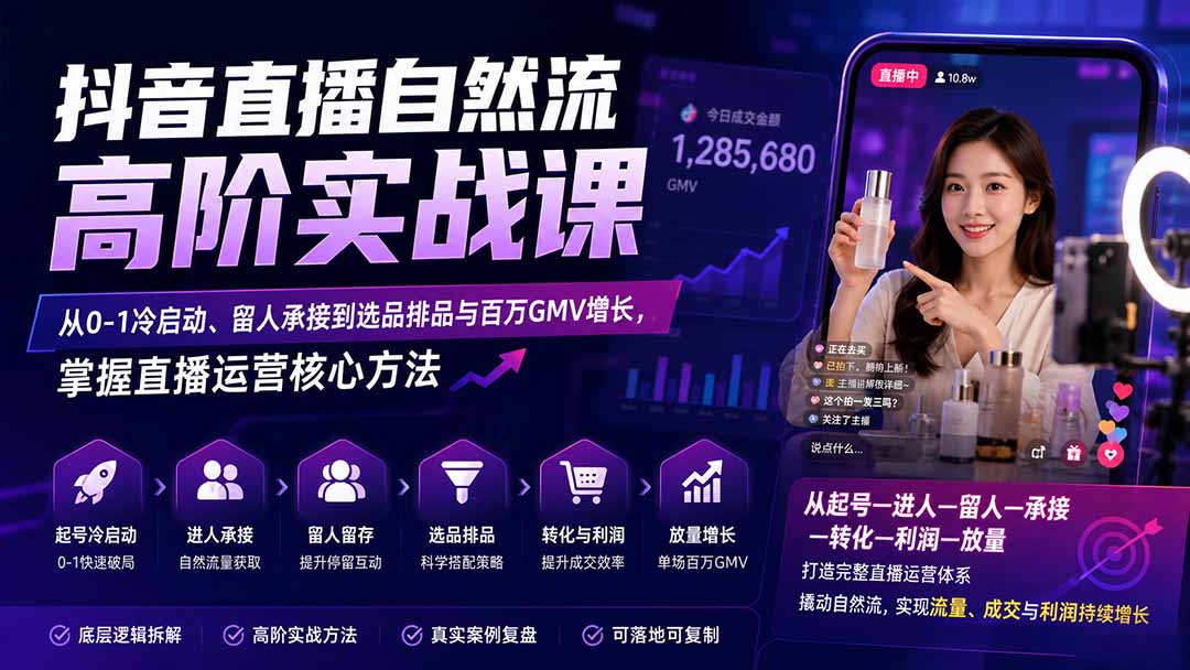 （20058期）抖音直播自然流高阶实战课：从0-1冷启动、留人承接到选品排品与百万GMV增长，掌握直播运营核心方法-知创网