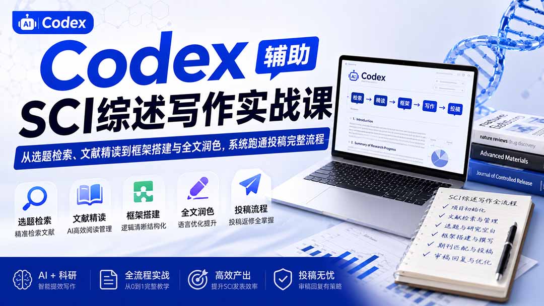 （19751期）Codex辅助SCI综述写作实战课——从选题检索、文献精读到框架搭建与全文润色，系统跑通投稿完整流程-知创网
