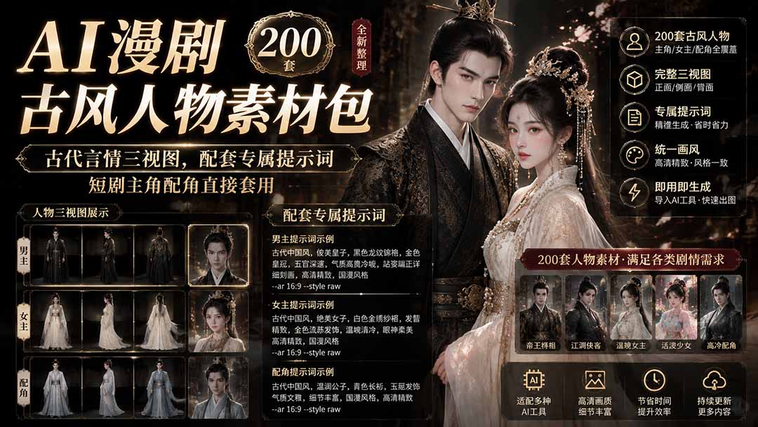 (19693期)AI漫剧古风人物素材包+提示词|200 套古代言情三视图,配套专属提示词短剧主角配角直接套用-知创网