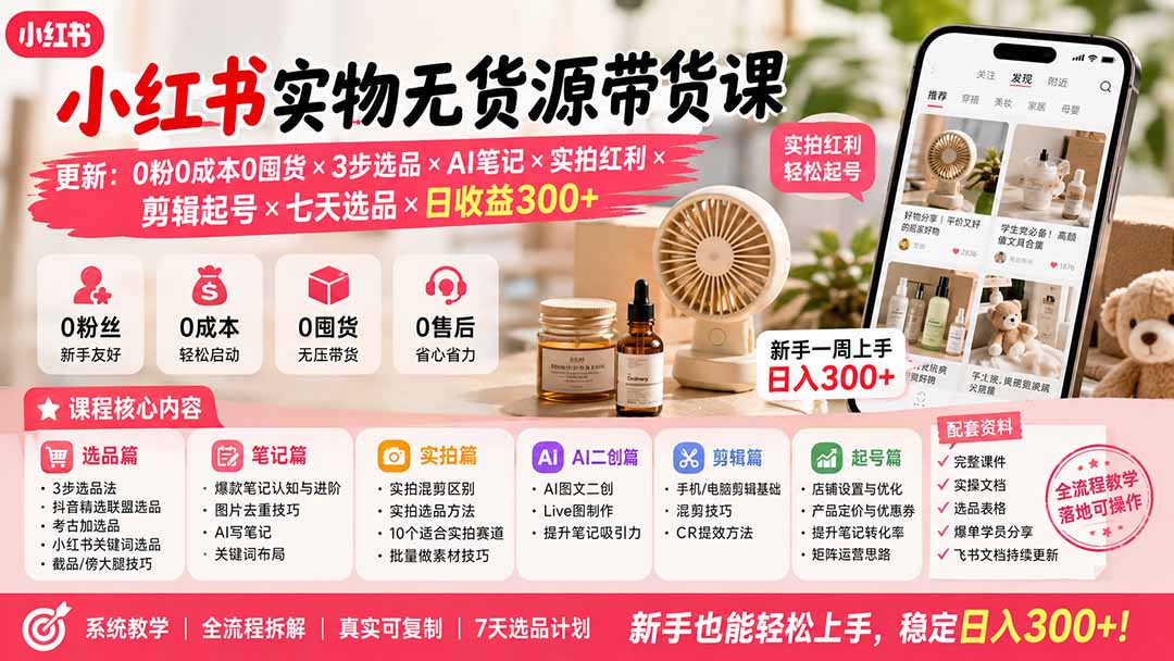 （19840期）小红书实物无货源带货课-更新：0粉0成本0囤货×3步选品×AI笔记×实拍红利×剪辑起号×七天选品×日收益300+-知创网