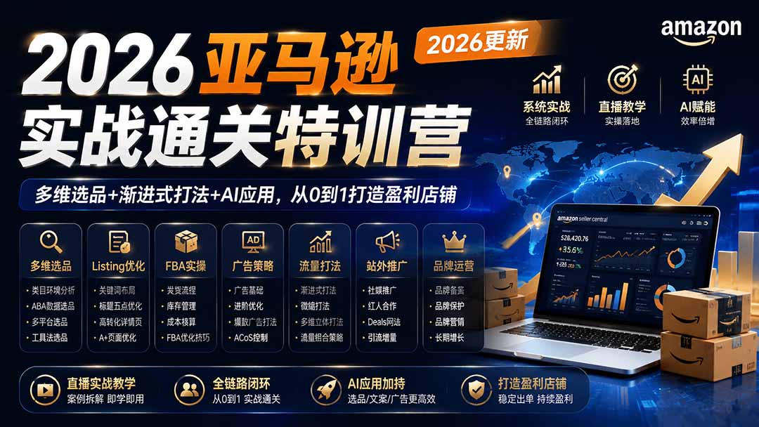 （19768期）2026亚马逊实战通关特训营-2026更新，多维选品+渐进式打法+AI应用，从0到1打造盈利店铺-知创网