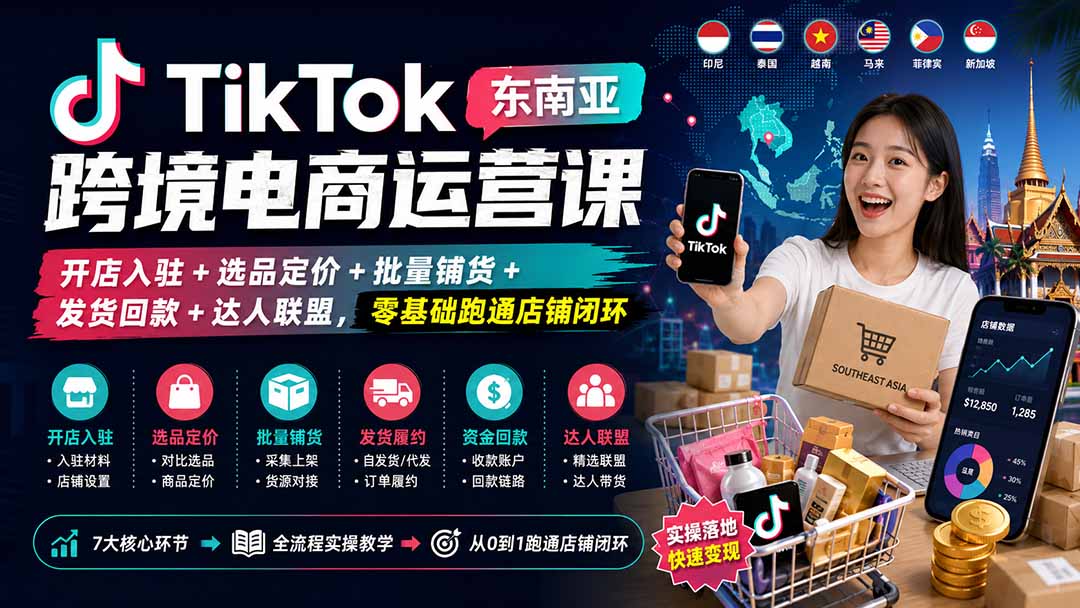 （20059期）TikTok东南亚跨境电商运营课：开店入驻+选品定价+批量铺货+发货回款+达人联盟，零基础跑通店铺闭环-知创网