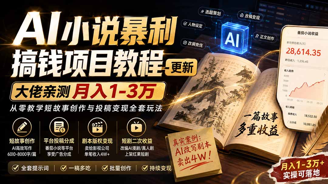 （20044期）AI小说暴利搞钱项目教程-更新，大佬亲测月入1-3万，从零教学短故事创作与投稿变现全套玩法-知创网