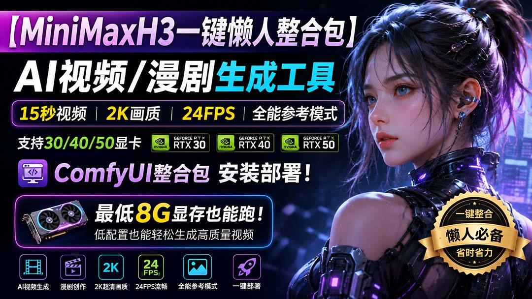（20130期）MiniMaxH3一键懒人整合包：AI视频/漫剧生成工具，15秒视频_2K画质_24FPS_全能模式，支持30_40_50显卡，8g显存也能跑-知创网