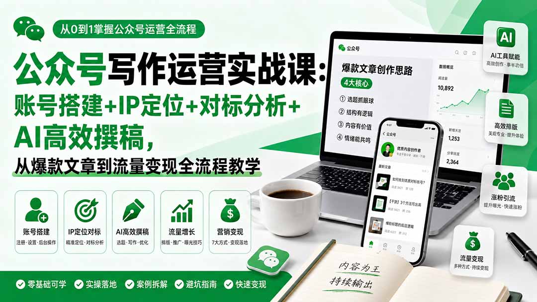 （19914期）公众号写作运营实战课：账号搭建+IP定位+对标分析+AI高效撰稿，从爆款文章到流量变现全流程教学-知创网