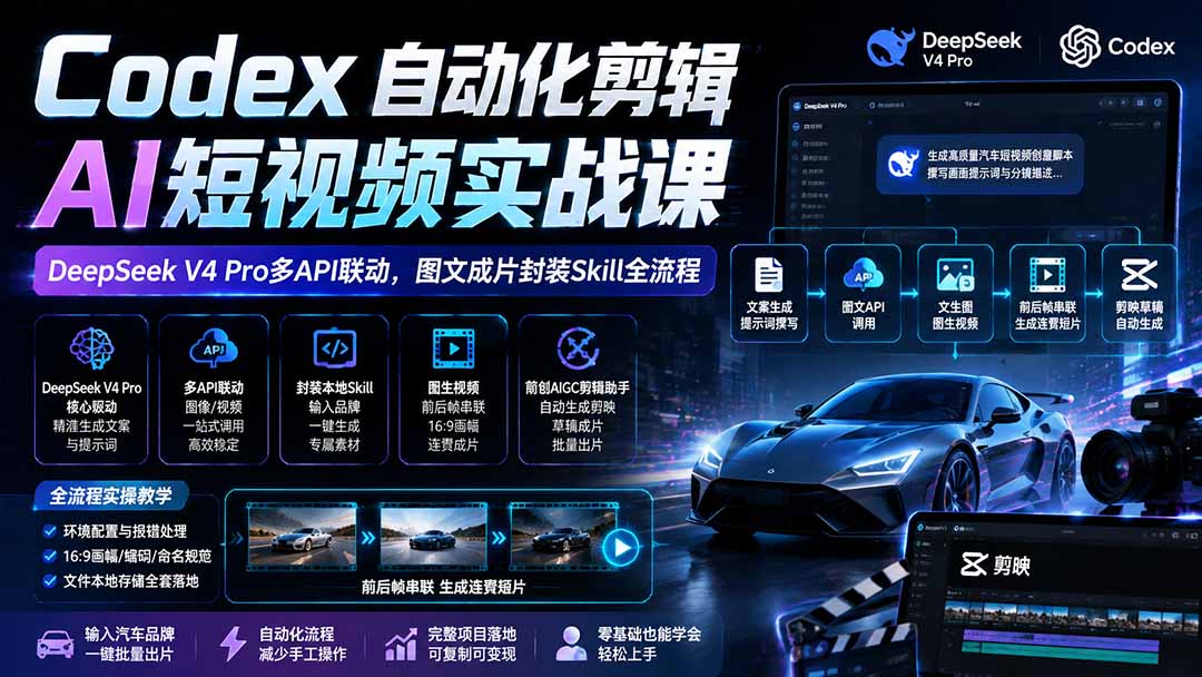 （19711期）Codex自动化剪辑AI短视频实战课｜DeepSeek V4 Pro多API联动，图文成片封装Skill全流程-知创网