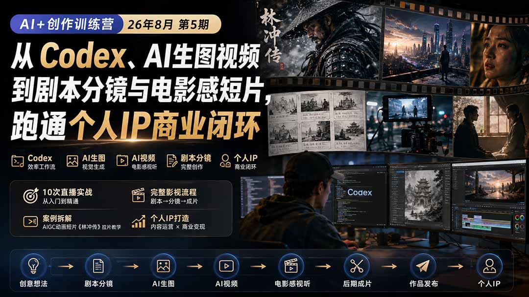 （20145期）AI+创作训练营26年8月第5期：从Codex、AI生图视频到剧本分镜与电影感短片，跑通个人IP商业闭环-知创网