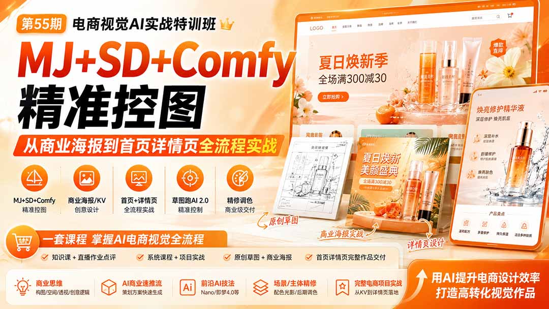 （20027期）电商视觉 AI实战训练营第55期：MJ+SD+Comfy精准控图，从商业海报到首页详情页全流程实战-知创网