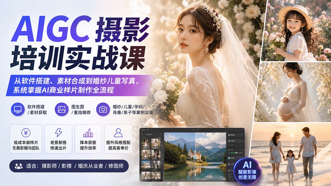 （20161期）AIGC摄影培训实战课：从软件搭建、素材合成到婚纱儿童写真，系统掌握AI商业样片制作全流程-知创网