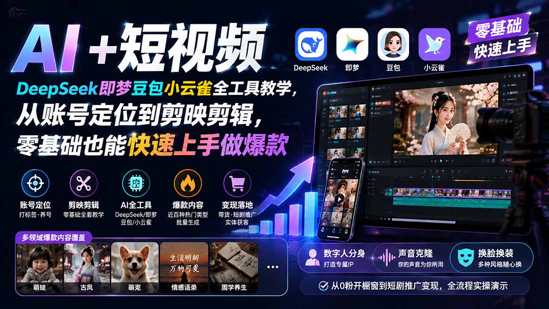 （19759期） AI+短视频｜DeepSeek即梦豆包小云雀全工具教学，从账号定位到剪映剪辑，零基础也能快速上手做爆款-知创网