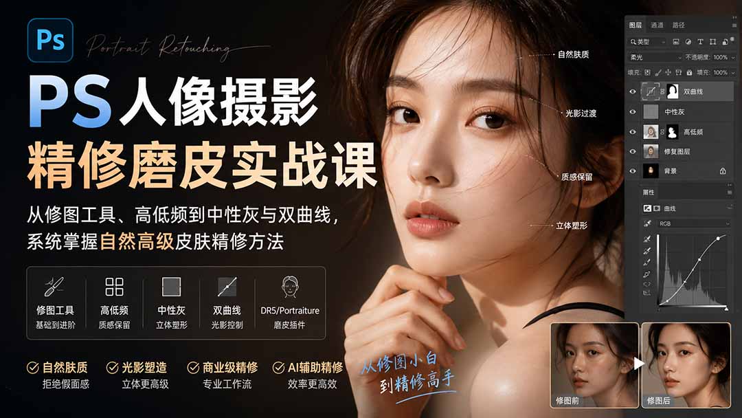 （20061期）PS人像摄影精修磨皮实战课：从修图工具、高低频到中性灰与双曲线，系统掌握自然高级皮肤精修方法-知创网