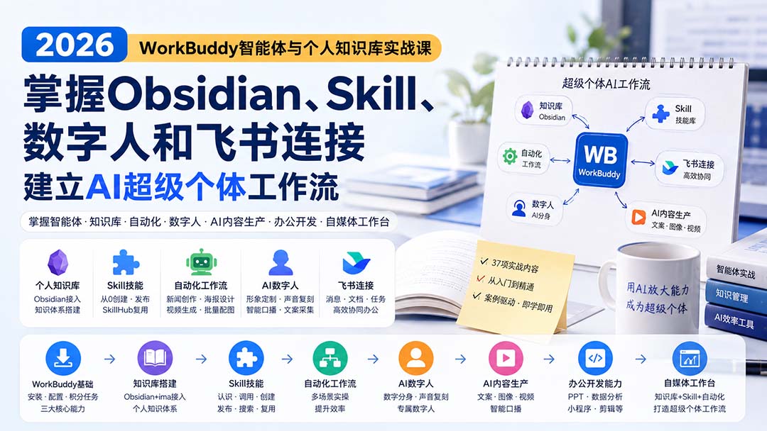 （20169期）2026 WorkBuddy智能体与个人知识库实战课：掌握Obsidian、Skill、数字人和飞书连接，建立AI超级个体工作流-知创网