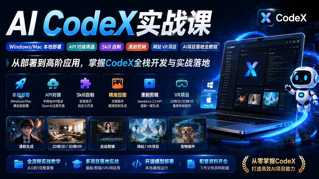 (19769期)AI CodeX实战课|Windows/Mac 本地部署|API 对接调通|Skill 自制|漫剧剪辑|网站 VR 项目|AI项目落地全教程-知创网