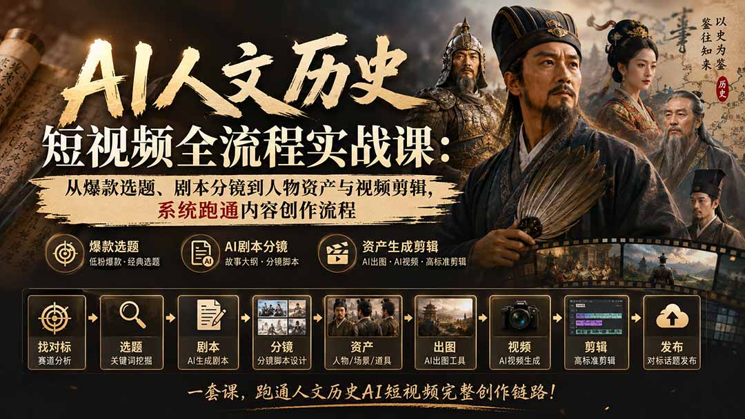 （20074期）AI人文历史短视频全流程实战课：从爆款选题、剧本分镜到人物资产与视频剪辑，系统跑通内容创作流程-知创网