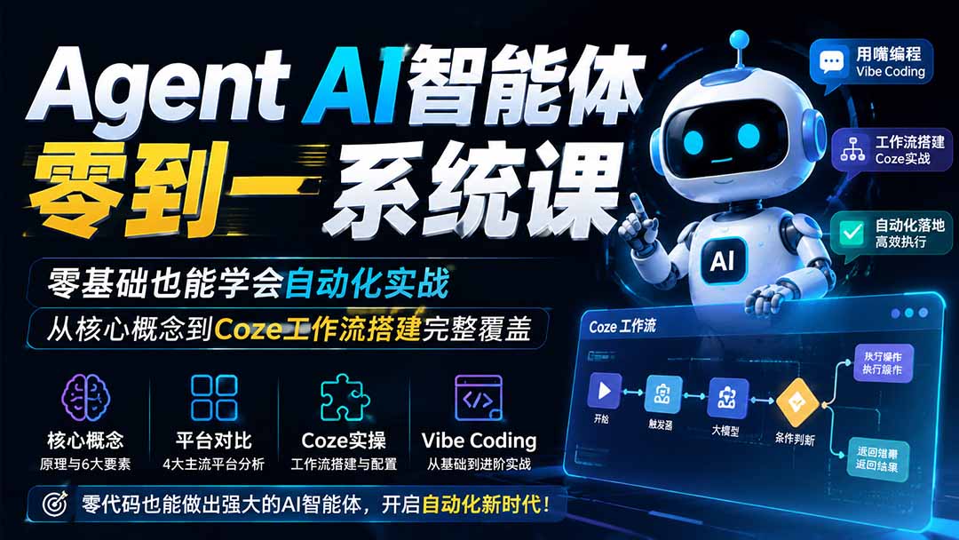 （19753期）Agent AI智能体零到一系统课；零基础也能学会自动化实战，从核心概念到Coze工作流搭建完整覆盖-知创网