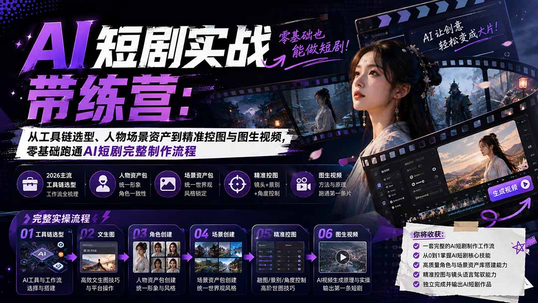 (20064期)AI短剧实战训练营:从工具链选型、人物场景资产到精准控图与图生视频,零基础跑通AI短剧完整制作流程-知创网