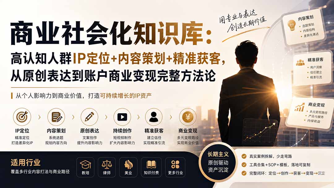 (19733期)商业社会化知识库:高认知人群IP定位+内容策划+精准获客,从原创表达到账户商业变现完整方法论-知创网