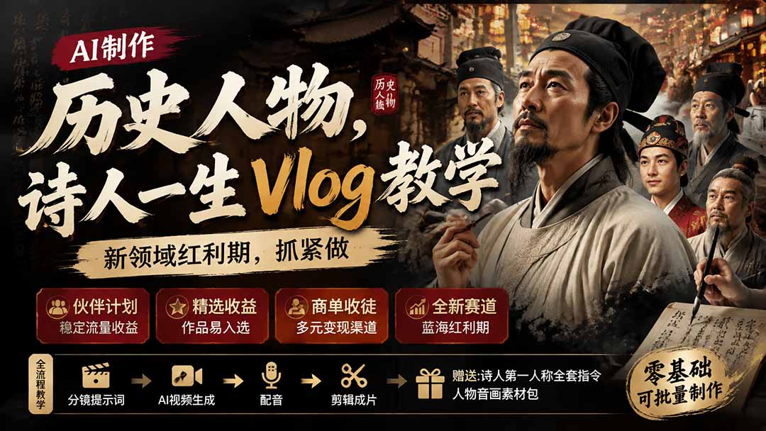 （19758期）历史人物，诗人一生Vlog教学， AI制作丨伙伴计划丨精选收益丨商单收徒 ，新领域红利期，抓紧做-知创网