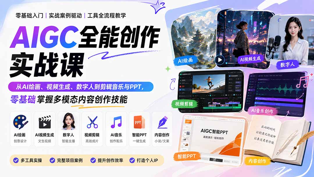 （20065期）AIGC全能创作实战课：从AI绘画、视频生成、数字人到剪辑音乐与PPT，零基础掌握多模态内容创作技能-知创网