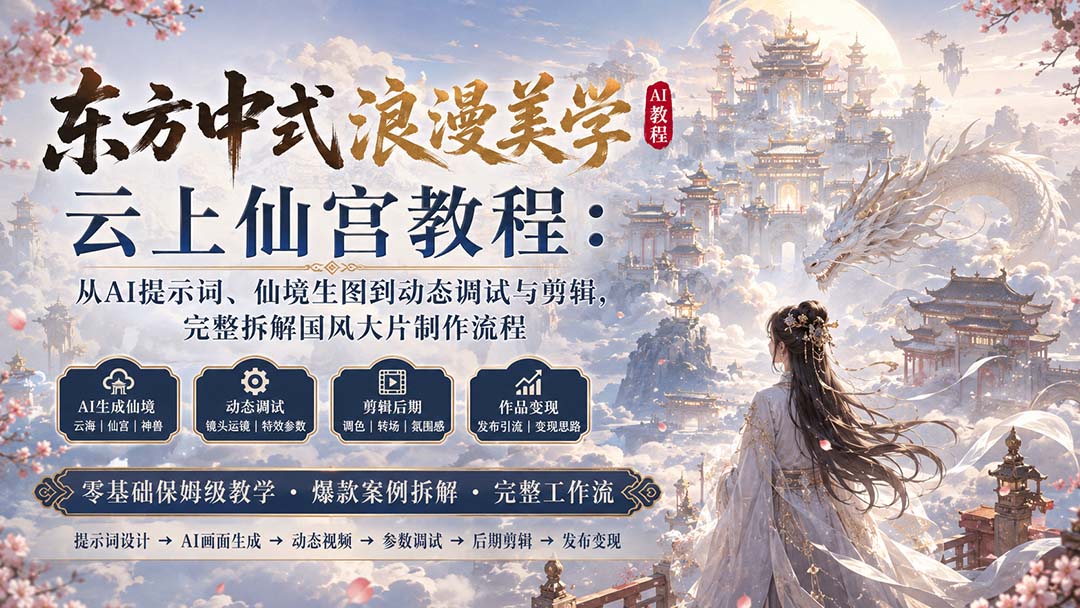 （20147期）东方中式浪漫美学云上仙宫教程：从AI提示词、仙境生图到动态调试与剪辑，完整拆解国风大片制作流程-知创网