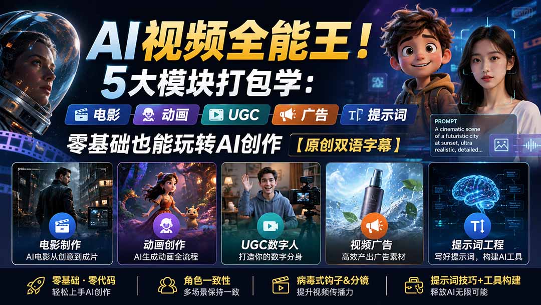 （20048期）AI视频全能王！5大模块打包学：电影、动画、UGC、广告、提示词，零基础也能玩转AI创作【原创双语字幕】-知创网