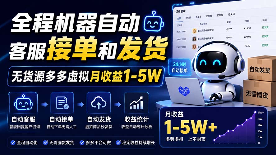 （20119期）全程机器自动客服接单和发货，无货源多多虚拟月收益1-5W-知创网