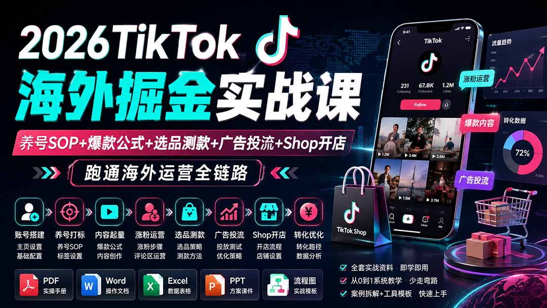 （19973期）2026TikTok海外掘金实战课——养号SOP+爆款公式+选品测款+广告投流+Shop开店，跑通海外运营全链路-知创网