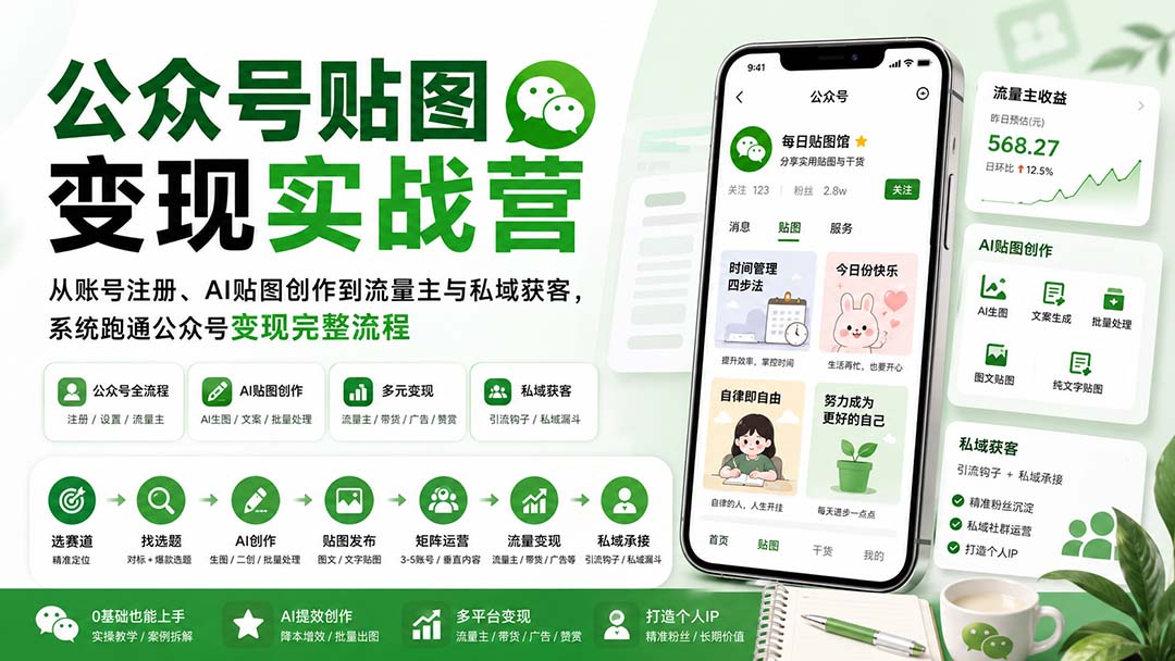 （20120期）公众号贴图变现实战营：从账号注册、AI贴图创作到流量主与私域获客，系统跑通公众号变现完整流程-知创网