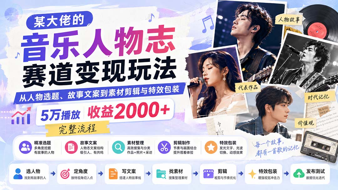（20121期）某大佬的音乐人物志赛道变现玩法：从人物选题、故事文案到素材剪辑与特效包装，5万播放收益2000+完整流程-知创网