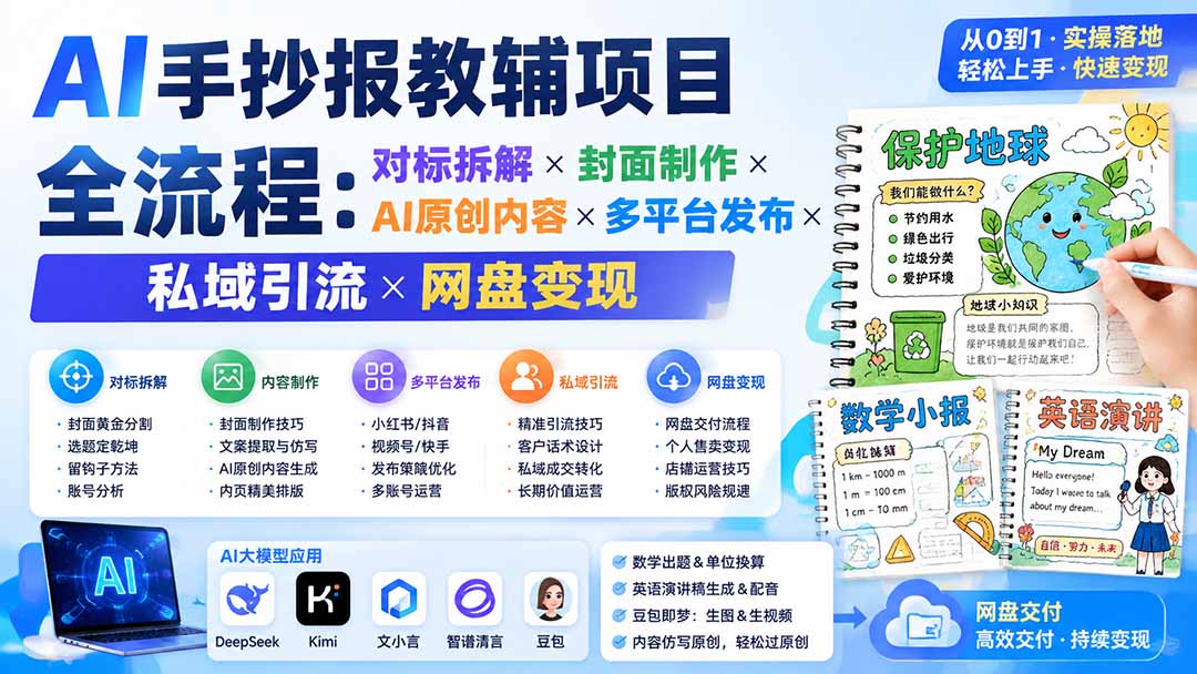 (19785期)AI手抄报教辅项目全流程:对标拆解×封面制作×AI原创内容×多平台发布×私域引流×网盘变现-知创网
