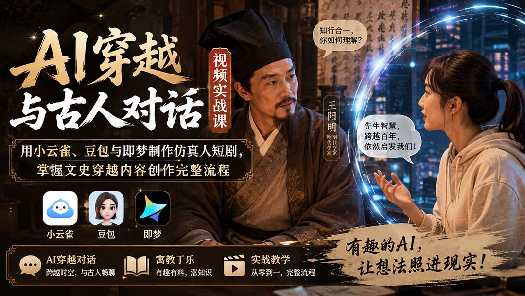 （20171期）AI穿越与古人对话视频实战课：用小云雀、豆包与即梦制作仿真人短剧，掌握文史穿越内容创作完整流程-知创网