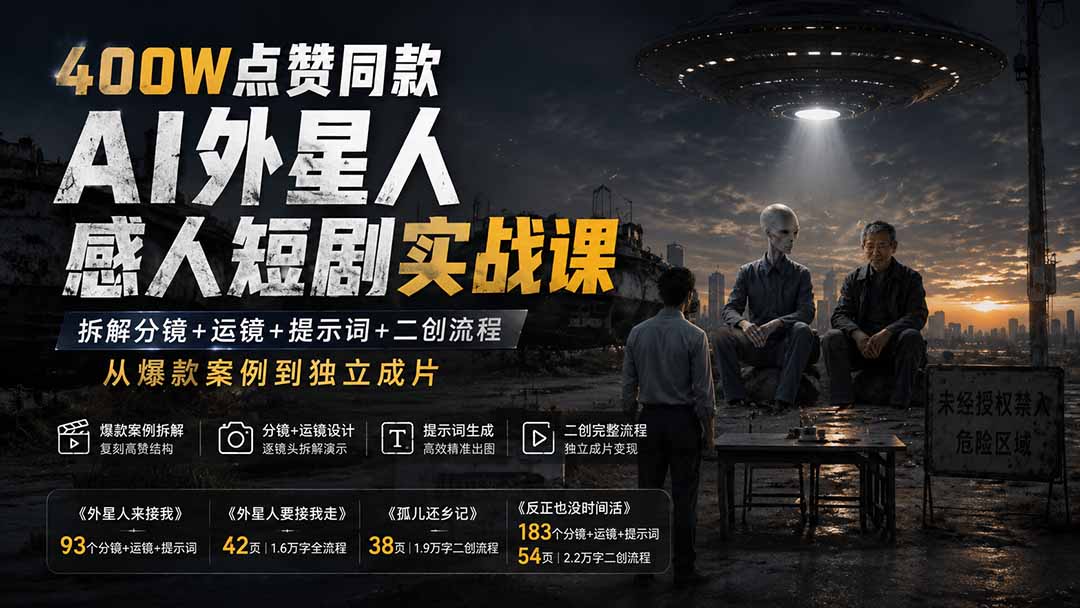 (20052期)400W点赞同款AI外星人感人短剧实战课:拆解分镜+运镜+提示词+二创流程,从爆款案例到独立成片-知创网