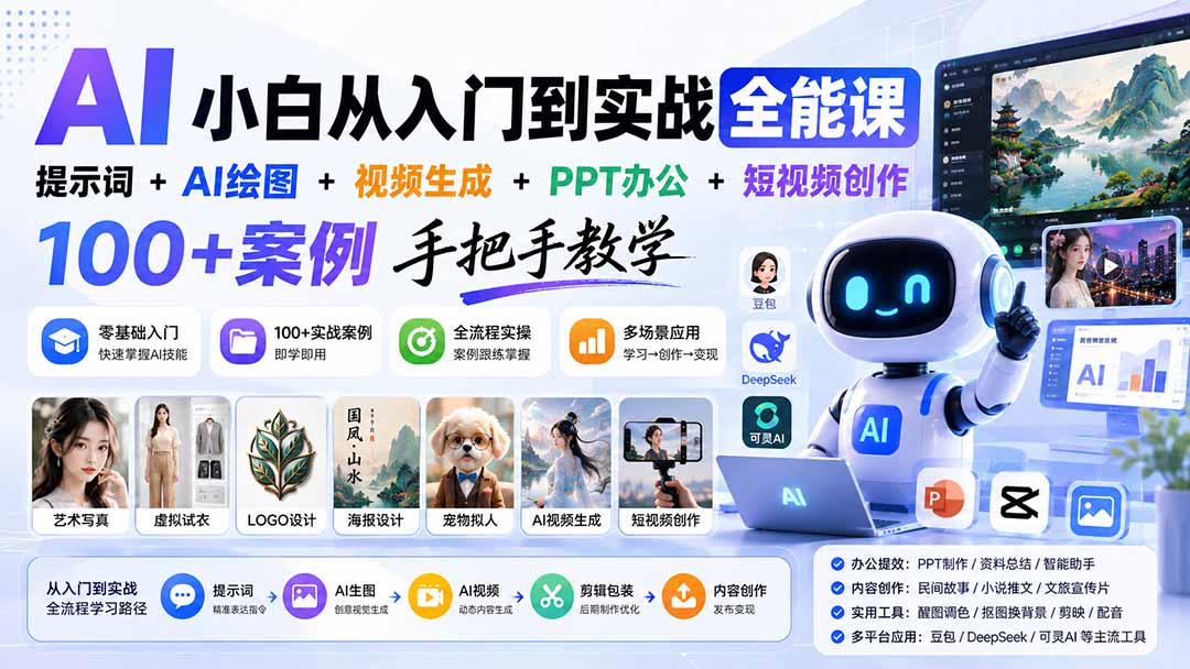 （20018期）AI小白从入门到实战全能课：提示词+AI绘图+视频生成+PPT办公+短视频创作，100+案例手把手教学-知创网