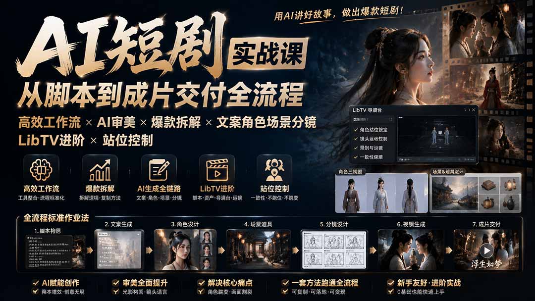 （19717期）AI短剧实战课：高效工作流×AI审美×爆款拆解×文案角色场景分镜×LibTV进阶×站位控制×从脚本到成片交付全流程-知创网
