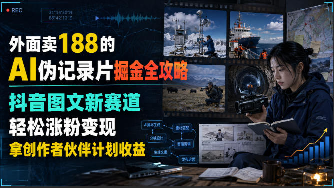 外面卖188的AI伪记录片掘金全攻略，抖音图文新赛道，轻松涨粉变现，拿创作者伙伴计划收益【文档】-知创网