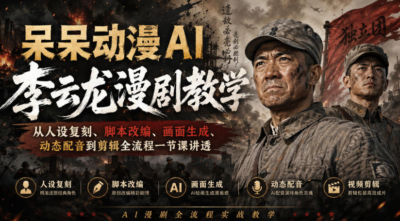 呆呆动漫AI李云龙漫剧教学，从人设复刻、脚本改编、画面生成、动态配音到剪辑全流程一节课讲透-知创网