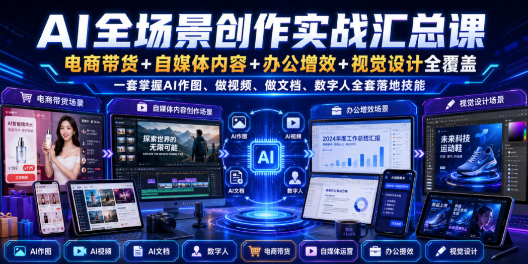 AI全场景创作实战汇总课｜电商带货+自媒体内容+办公增效+视觉设计全覆盖，一套掌握AI作图、做视频、做文档、数字人全套落地技能-知创网