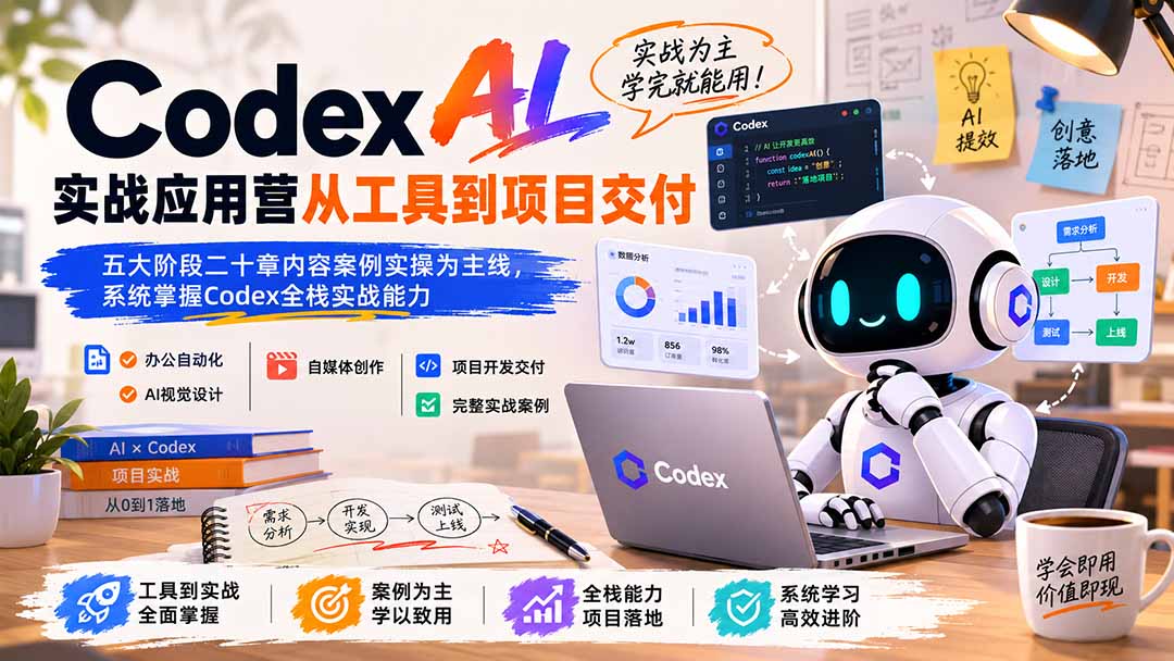 （19854期）Codex AI实战应用营从工具到项目交付；五大阶段二十章内容案例实操为主线，系统掌握Codex全栈实战能力-知创网