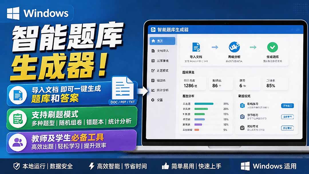 (19855期)Windows 智能题库刷题软件!导入文档一键生成题库和答案,并支持刷题模式,教师及学生必备工具 原创-知创网