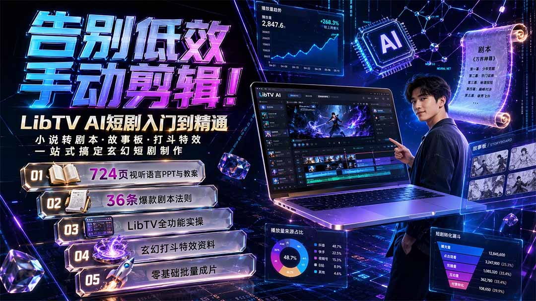 （19678期）告别低效手动剪辑！LibTV AI短剧入门到精通，小说转剧本方法，故事板打斗特效一站式搞定玄幻短剧制作-知创网