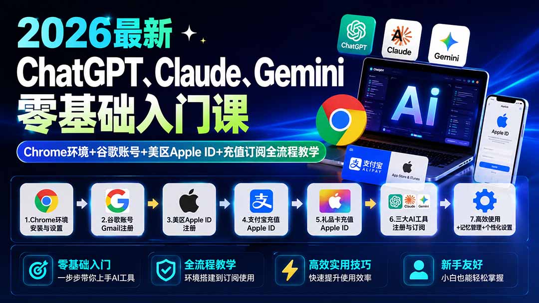 （19923期）2026最新ChatGPT、Claude、Gemini零基础入门课：Chrome环境+谷歌账号+美区Apple ID+充值订阅全流程教学-知创网