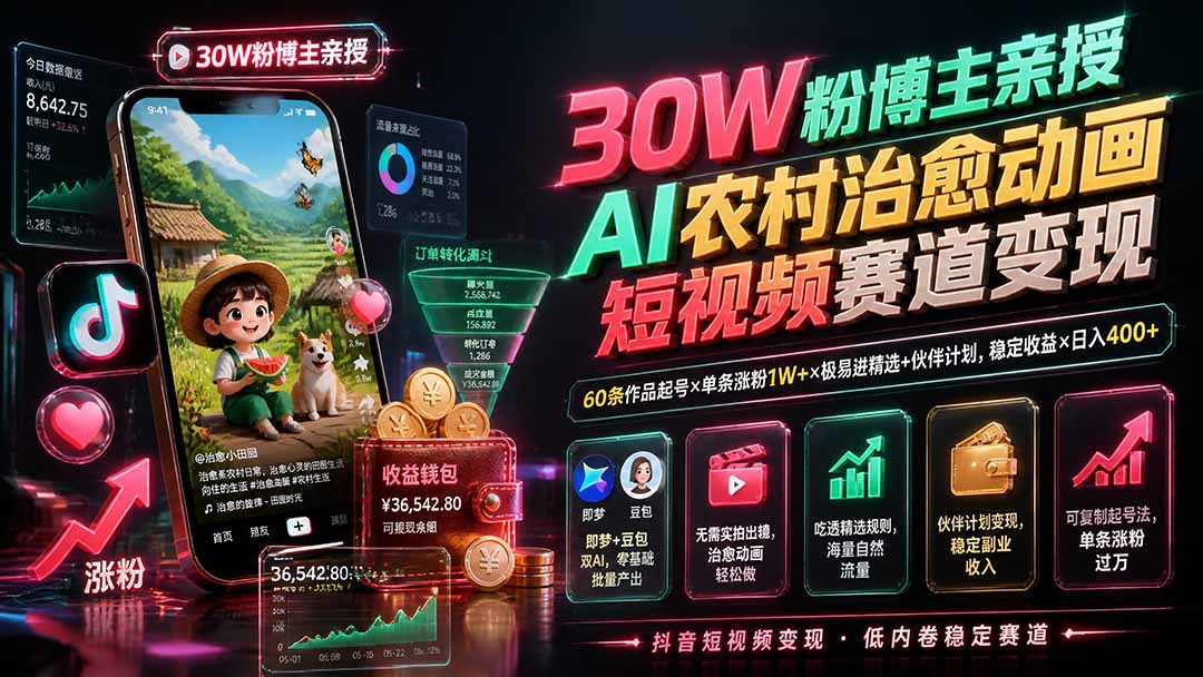 （19648期）30W粉博主亲授AI农村治愈动画短视频赛道变现：60条作品起号×单条涨粉1W+×极易进精选+伙伴计划，稳定收益×日入400+-知创网