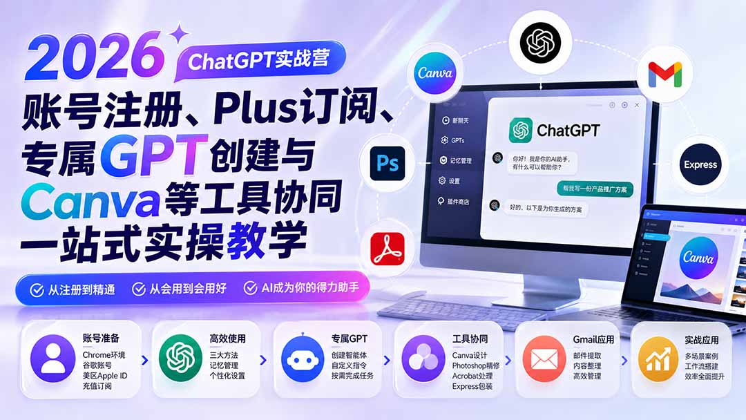（19924期）2026 ChatGPT实战营；账号注册、Plus订阅、专属GPT创建与Canva等工具协同一站式实操教学-知创网