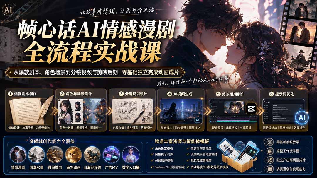 (20036期)帧心话AI情感漫剧全流程实战课:从爆款剧本、角色场景到分镜视频与剪映后期,零基础独立完成动画成片-知创网